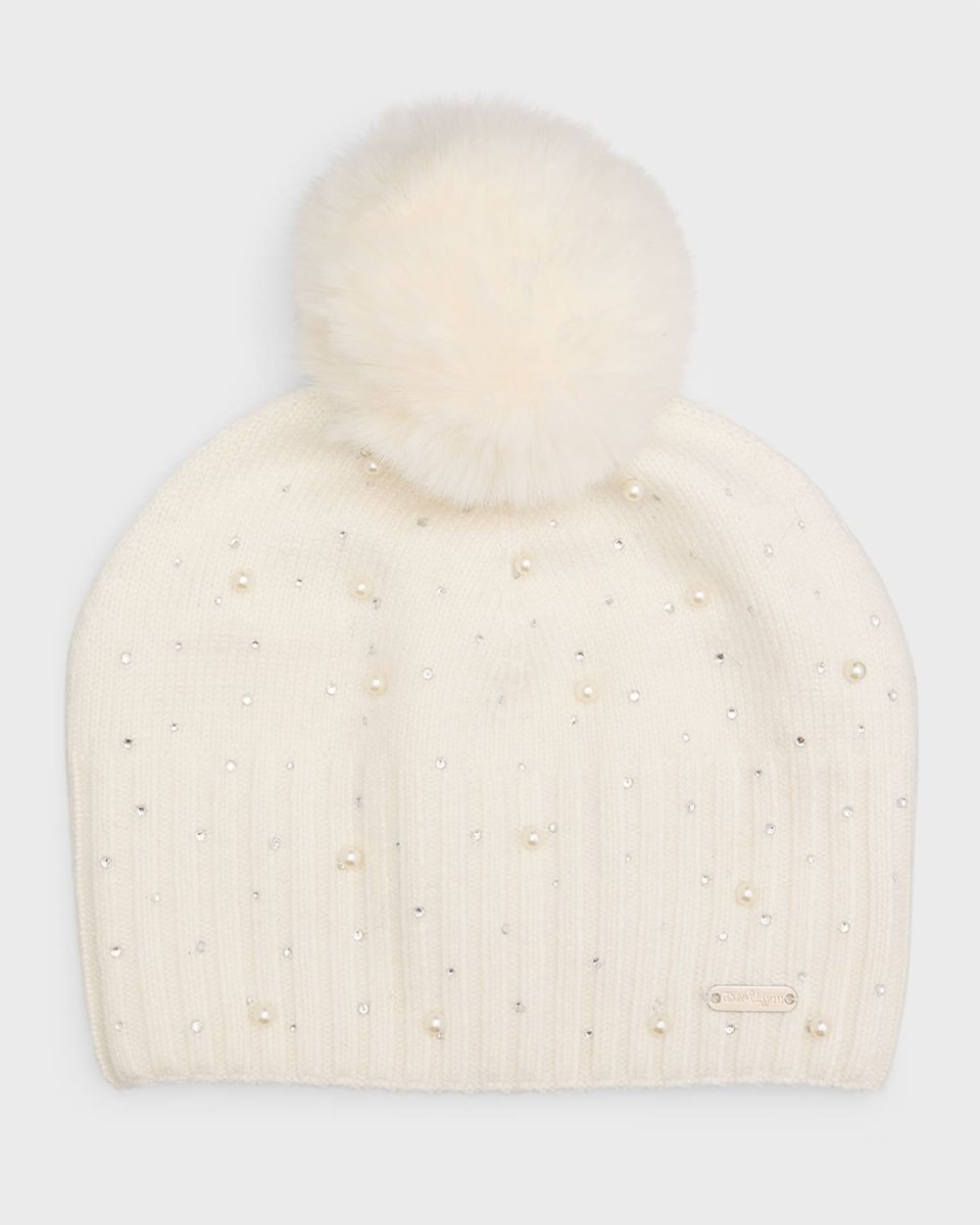 Girl's Pearl And Rhinestone Pompom Beanie